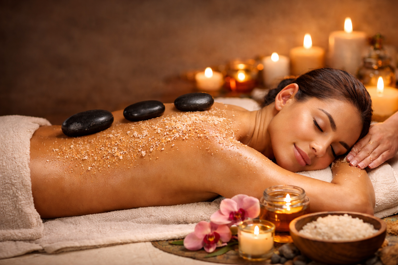 Hot stone body treatment and body scrub